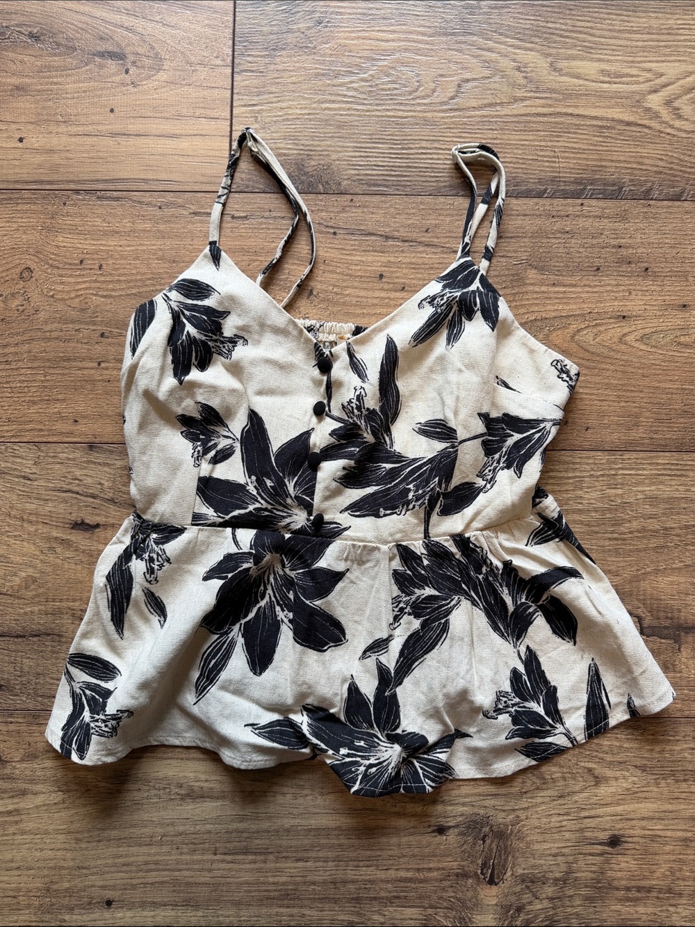Floral Print Spaghetti Strap Peplum Top - Beige/Black